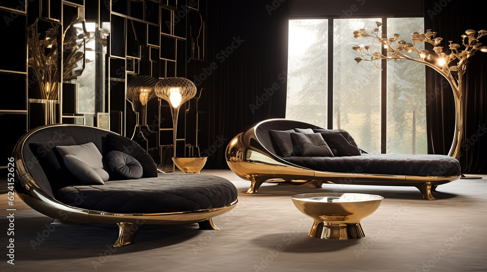 Design furniture with golden elements in luxury room. Hollywood.ai generative