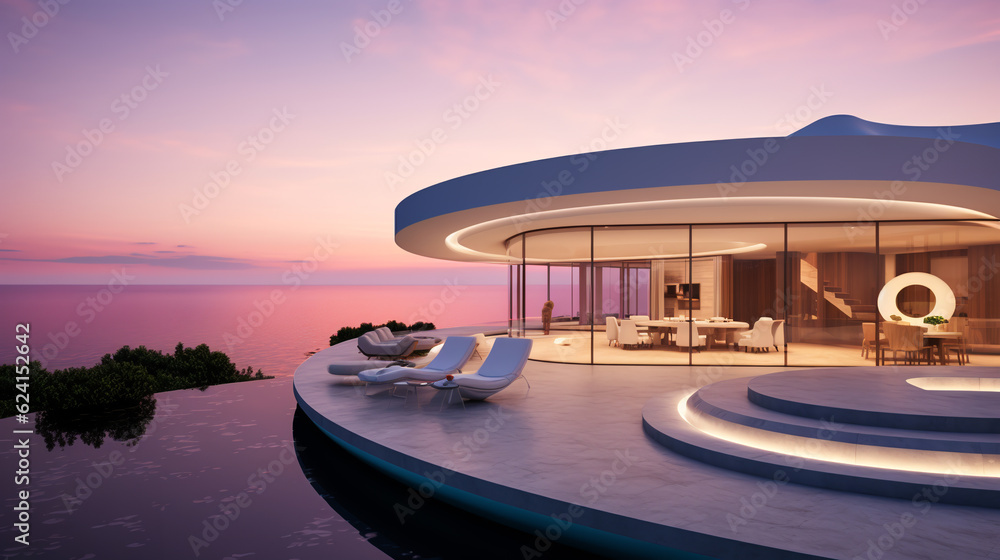 Modern minimalist round and curved shaped luxury house. Villa with terrace on sea shore at sunset.
