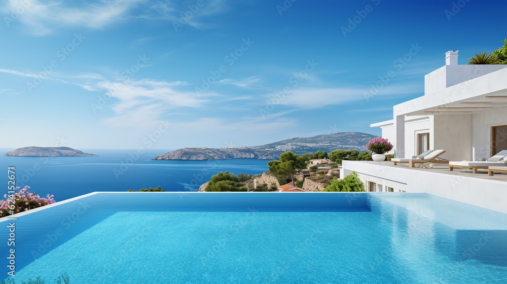 Traditional mediterranean white house with pool on hill with stunning sea view. Summer vacation background.ai generative
