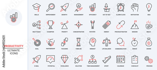 Vector illustration red black thin line icons set for productivity, skill growth, self-improvement, business training, education business training staff, development multitasking concentration mission