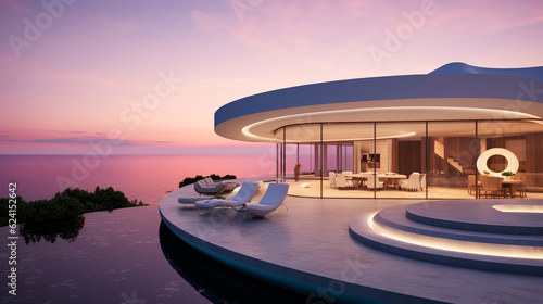 Modern minimalist round and curved shaped luxury house. Villa with terrace on sea shore at sunset. © Oleksandr