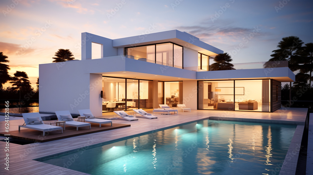 Exterior of modern minimalist cubic villa with swimming pool at sunset.ai generative