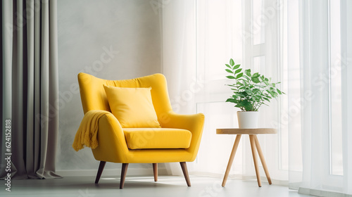 Yellow mid-century armchair against of window dressed with white curtain. Interior design of modern minimalist living room.ai generative
