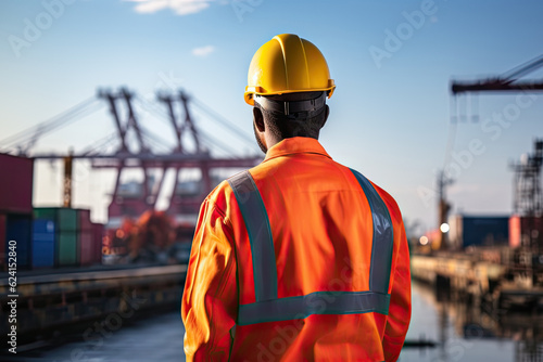 Man worker in safety jumpsuit uniform with yellow hardhat control inspection at cargo container transportion ship port warehouse. Industrial port, transport import and export logistic service