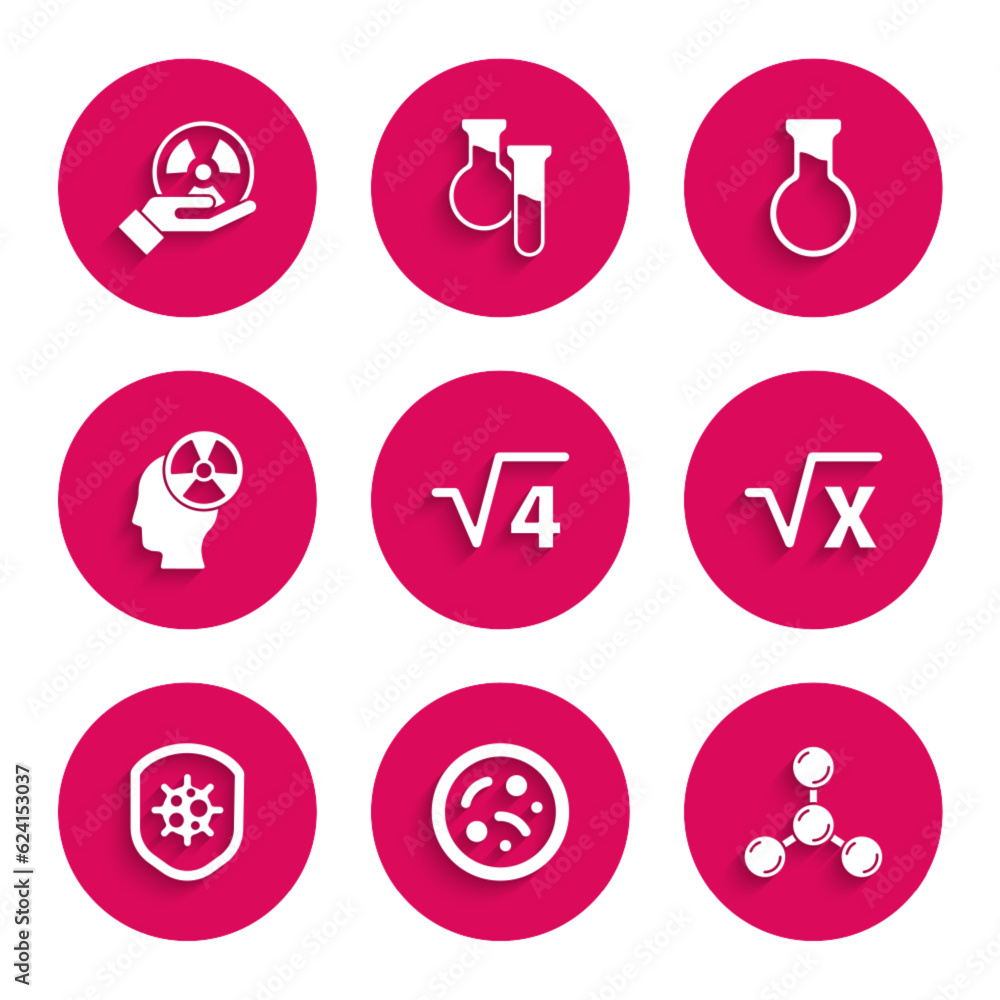 Set Square root of 4 glyph, Bacteria, Molecule, x, Shield protecting from virus, Head and radiation symbol, Test tube flask and Radioactive icon. Vector Set Square root of 4 glyph, Bacteria, Molecule, x, Shield protecting from virus, Head and radiation symbol, Test tube flask and Radioactive icon. Vector