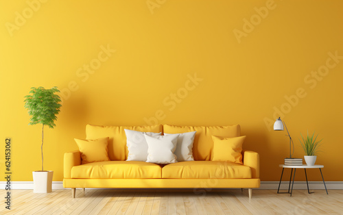 Vibrant yellow empty wall with space for text and cozy beige sofa. Interior design of modern living room.ai generative