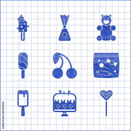 Set Cherry, Cake on plate, Lollipop, Candy packaging for sweets, Ice cream, Jelly bear candy and icon. Vector