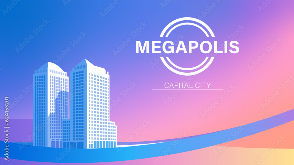 Urban modern buildings, skyscrapers. Simple minimal geometric flat style with blue color theme.