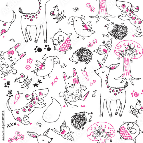 Dibujo hecho a mano de animales, estampado de garabatos de animales, conejo, perro, buho, ciervo, erizo, loro, ratón