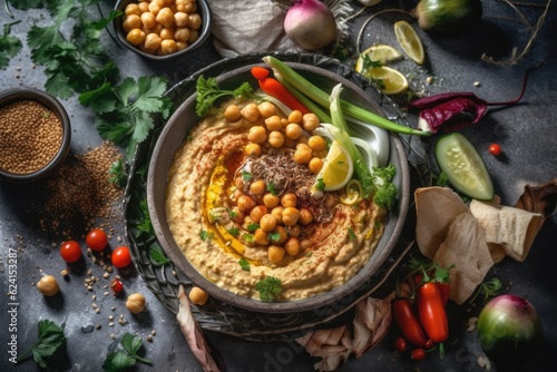 Bowl with hummus  chickpeas  herbs on wooden background. Directly above. Top view. Image generated by artificial intelligence