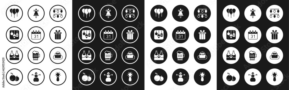 Set Christmas lights, Calendar, Balloons with ribbon, Gift box, Merry ringing bell, Cake and Champagne bottle icon. Vector