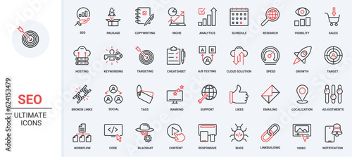 Vector illustration trendy red black thin line icons set SEO online business technology, social media campaign audience support, creative idea content communication, digital marketing process