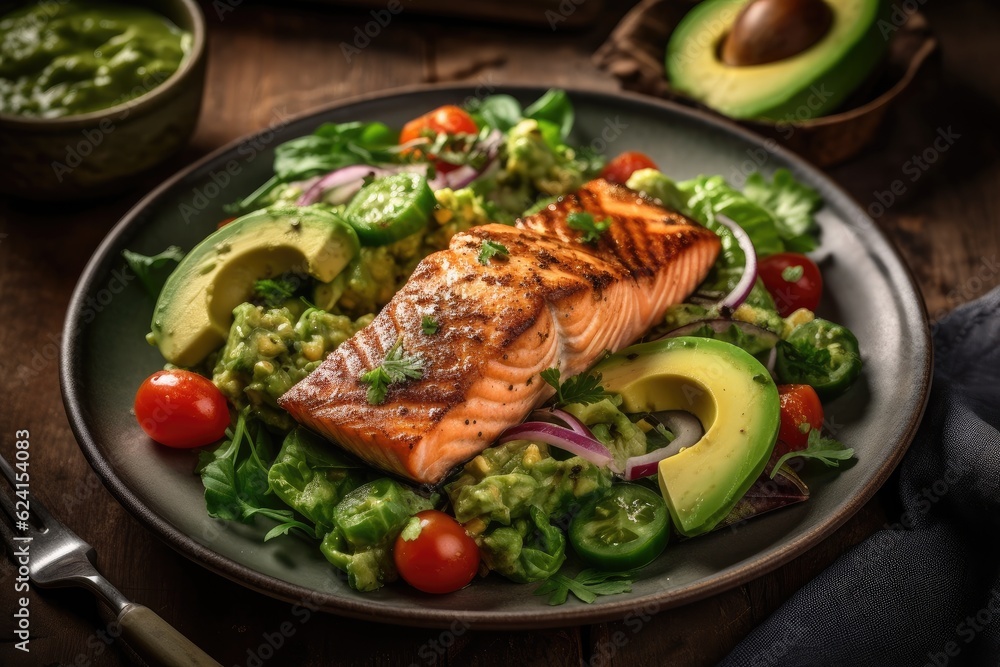 Grilled salmon fish fillet and fresh green lettuce vegetable tomato salad with avocado guacamole. Top view. Image generated by artificial intelligence