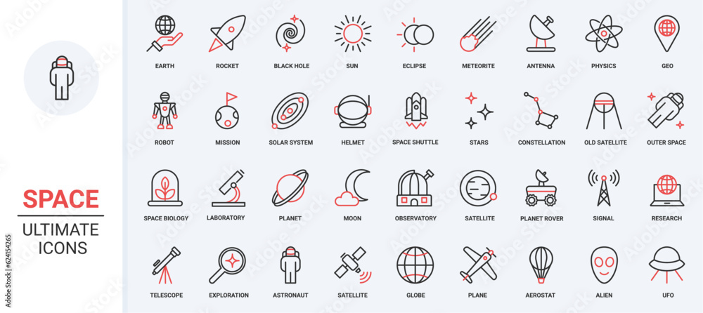 Naklejka premium Vector illustration trendy red black thin line icons set space travel universe research technology, astronaut spaceship, moon solar system planets, and futuristic observatory and telescope.