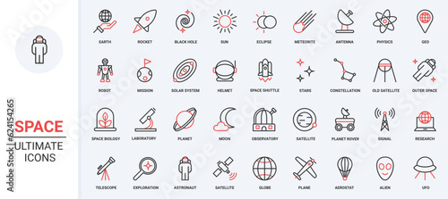 Vector illustration trendy red black thin line icons set space travel universe research technology, astronaut spaceship, moon solar system planets, and futuristic observatory and telescope.