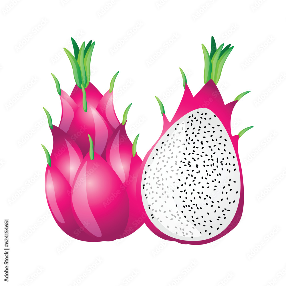 whole dragonfruit and its half with juicy pulp whole dragonfruit and its half with juicy pulp
