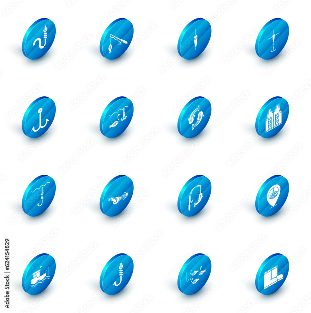 Set Fishing rod and fish, float, hook, under water, with, jacket and icon. Vector Set Fishing rod and fish, float, hook, under water, with, jacket and icon. Vector
