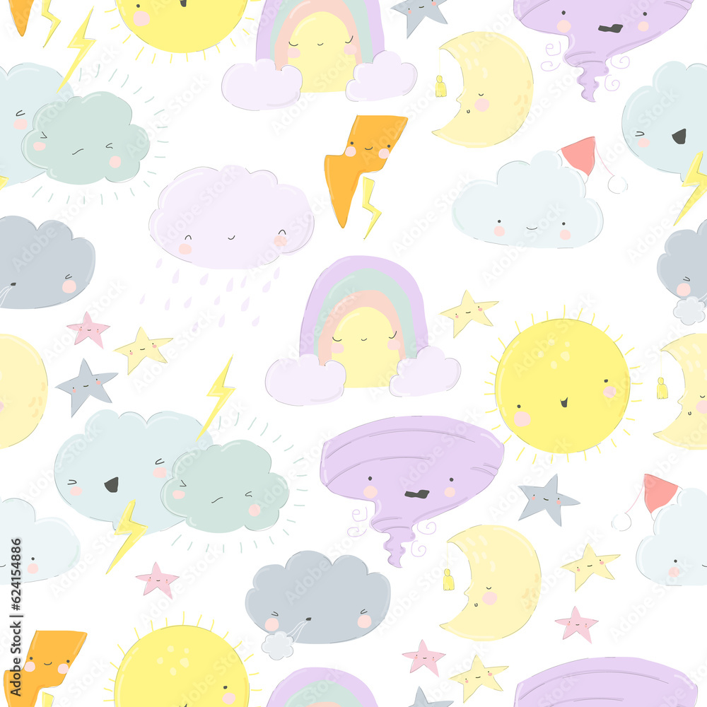Fototapeta premium Vector Seamless Pattern with Cute Cartoon Weather on Blue Background