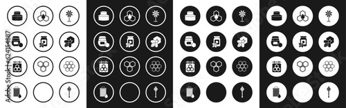 Set Flower, Jar of honey with bee, Beekeeper protect hat, and honeycomb, Honeycomb, and Hanging sign icon. Vector