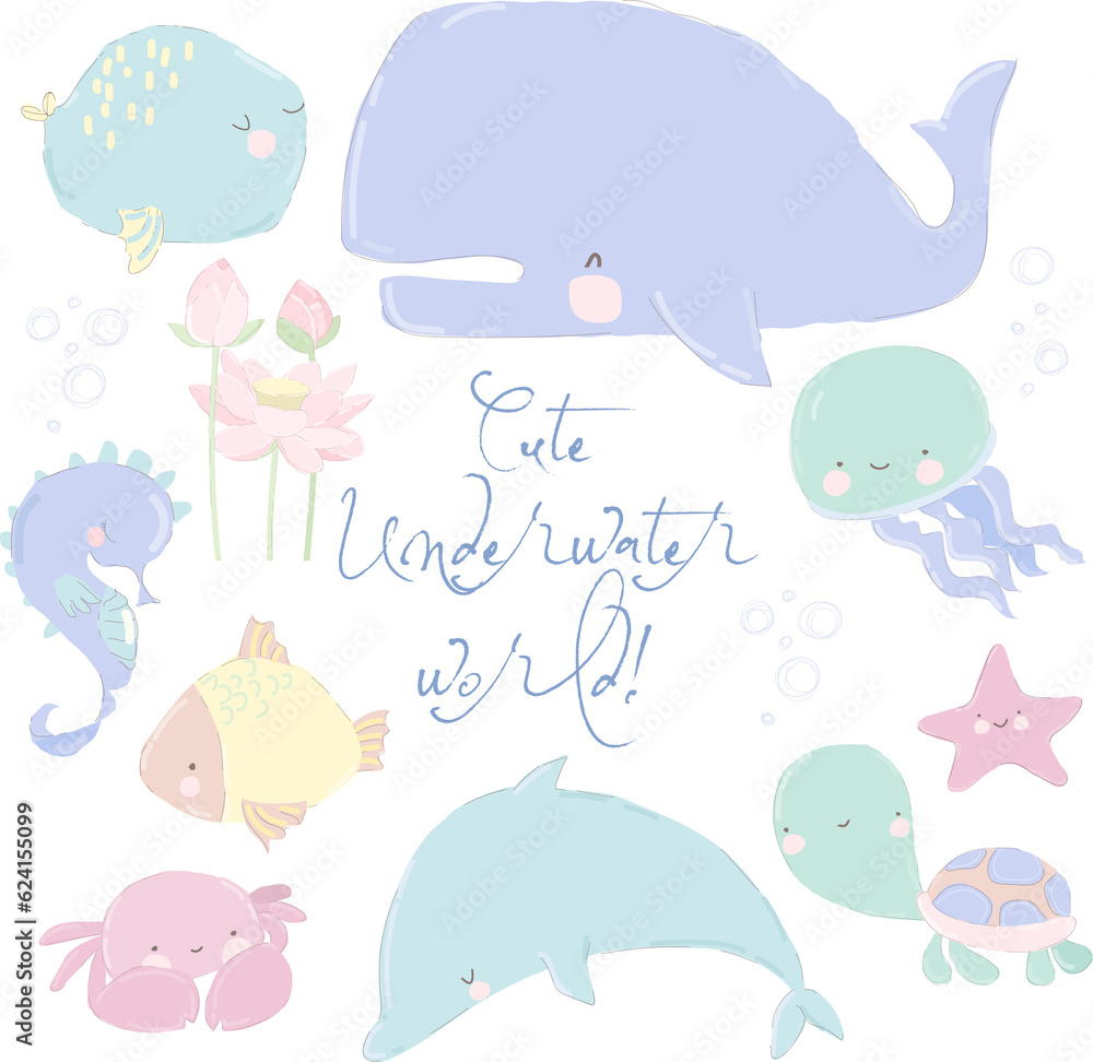 Fish and wild marine animals are isolated on white background. Inhabitants of the sea world, cute, funny underwater creatures. Vector cartoon illustration Fish and wild marine animals are isolated on white background. Inhabitants of the sea world, cute, funny underwater creatures. Vector cartoon illustration