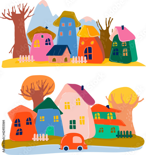 Fototapeta Naklejka Na Ścianę i Meble -  Cute Cartoon Colorful Houses with Autumn Trees. Vector Illustration