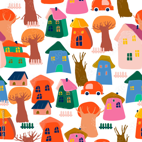 Vector Seamless Pattern with Cartoon Colorful Houses and Autumn Trees