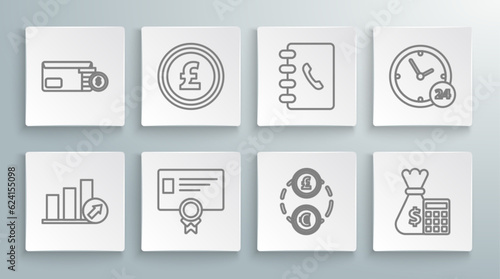 Set line Presentation financial with graph, Coin money pound sterling symbol, Certificate template, Money exchange, Calculator bag, Address book, Clock 24 hours and Envelope coin dollar icon. Vector