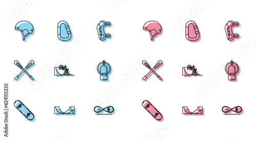 Set line Skateboard trick, park, Helmet, Bicycle on street ramp, Aqualung, Crossed paddle and Carabiner icon. Vector