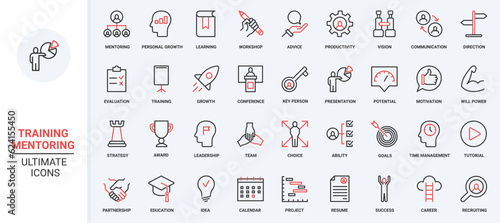 Career growth, workshop organization and counseling, advices, evaluation and communication with teacher. Mentoring, training for business teams trendy red black thin line icons set vector illustration