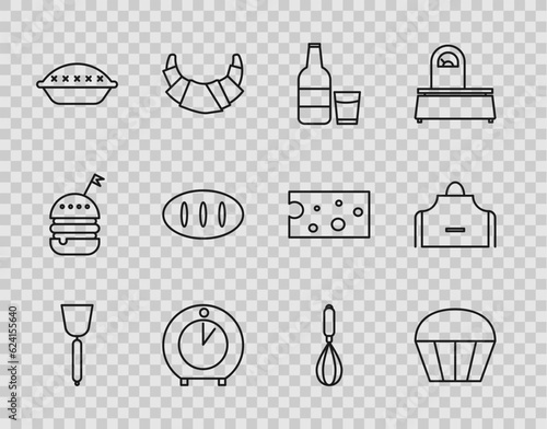 Set line Spatula, Muffin, Glass bottle with milk and glass, Kitchen timer, Homemade pie, Bread loaf, whisk and apron icon. Vector