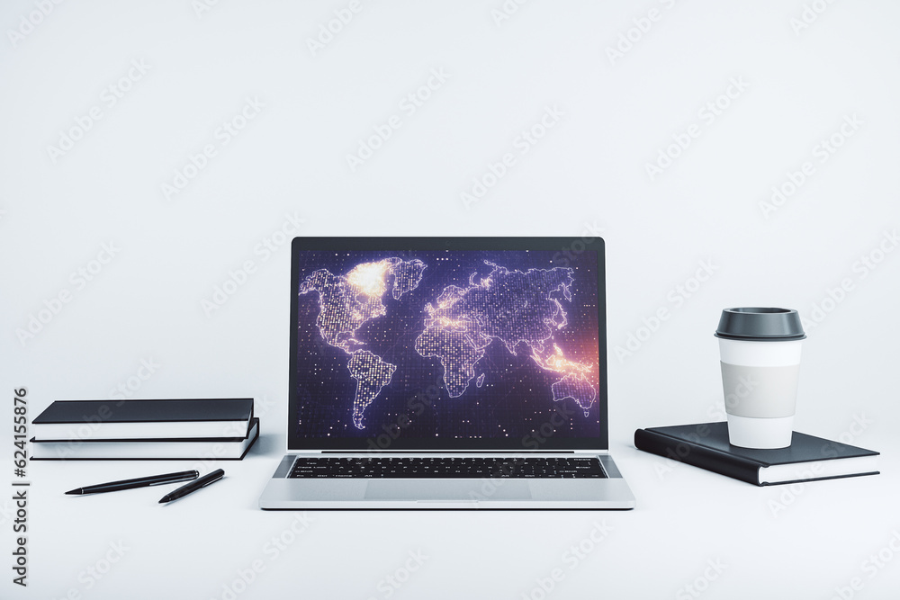 Modern computer monitor with abstract digital world map, research and strategy concept. 3D Rendering Modern computer monitor with abstract digital world map, research and strategy concept. 3D Rendering