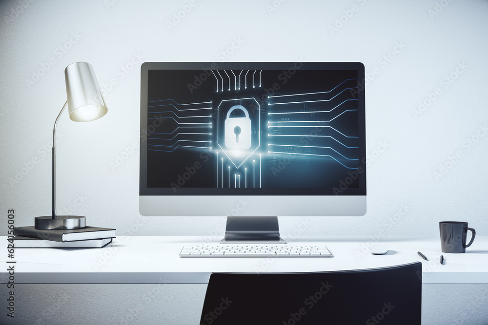 Creative lock sketch with chip hologram on modern computer monitor, protection of personal data concept. 3D Rendering Creative lock sketch with chip hologram on modern computer monitor, protection of personal data concept. 3D Rendering