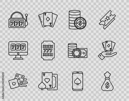Set line Game dice, Money bag, Casino chip with dollar, Playing card heart, Slot machine lucky sevens jackpot, Online poker table game and Hand holding deck of playing cards icon. Vector