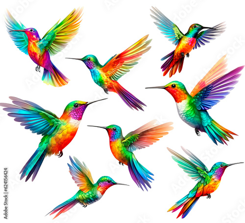 Set of hummingbirds, isolated transparent background, Generative AI