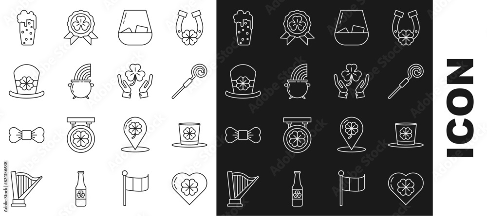 Set line Heart with four leaf clover, Leprechaun hat and, Walking stick, Glass of whiskey, Witch cauldron rainbow, beer and Human hands holding icon. Vector Set line Heart with four leaf clover, Leprechaun hat and, Walking stick, Glass of whiskey, Witch cauldron rainbow, beer and Human hands holding icon. Vector