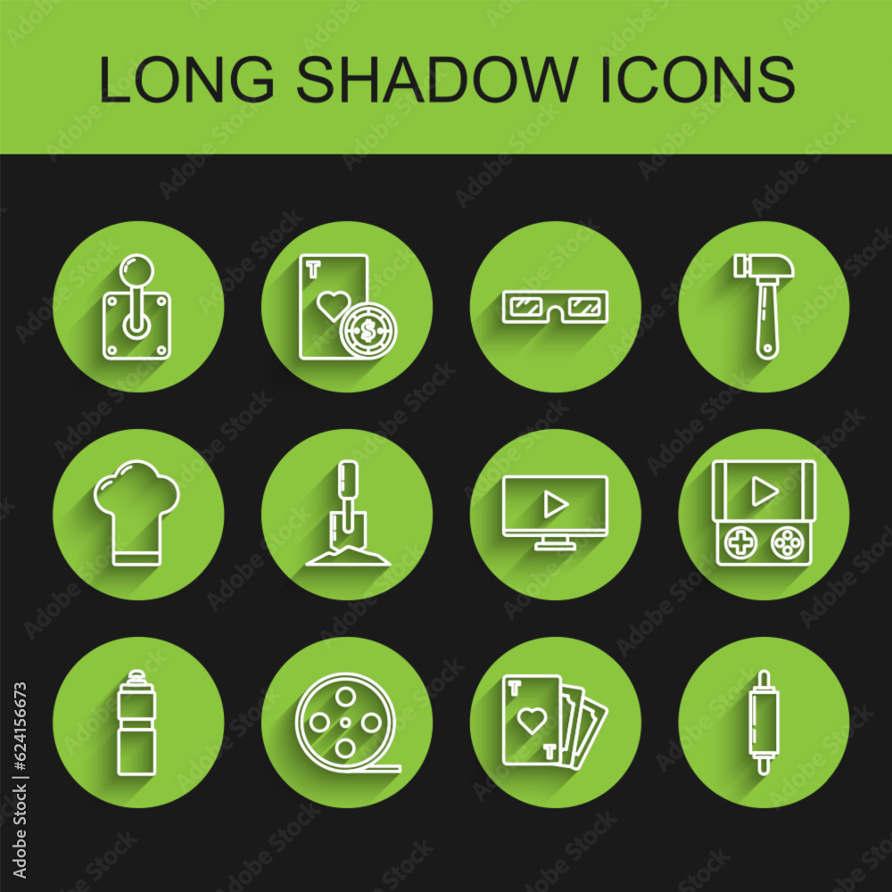 Set line Fitness shaker, Film reel, Joystick for arcade machine, Playing card with heart symbol, Rolling pin, Shovel the ground, Portable video game console and Online play icon. Vector Set line Fitness shaker, Film reel, Joystick for arcade machine, Playing card with heart symbol, Rolling pin, Shovel the ground, Portable video game console and Online play icon. Vector