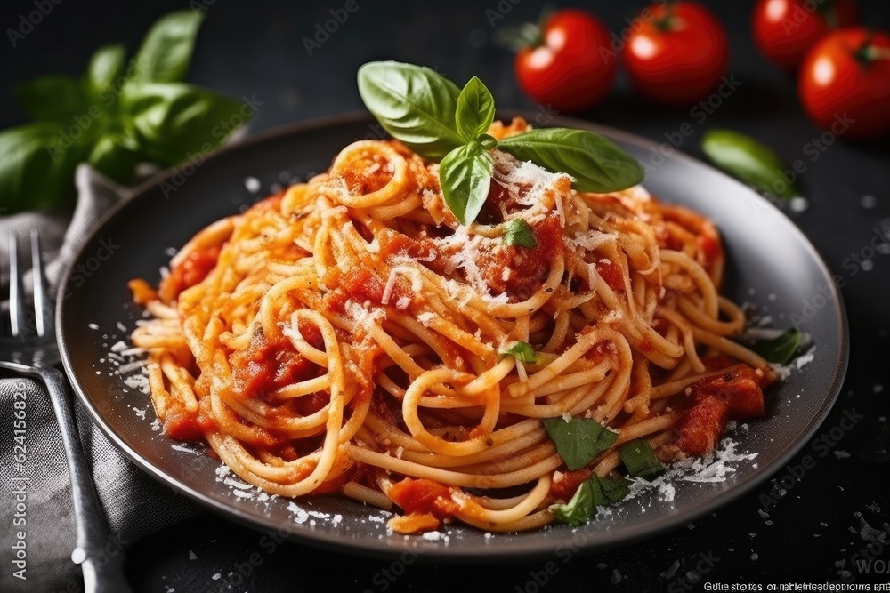 Pasta Spaghetti Bolognese in gray bowl isolated on white background. Bolognese sauce is classic italian cuisine dish. top view. Image generated by artificial intelligence