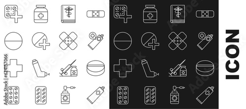 Set line Ointment cream tube medicine, Medicine pill or tablet, Medical book, Pills blister pack and Crossed bandage plaster icon. Vector
