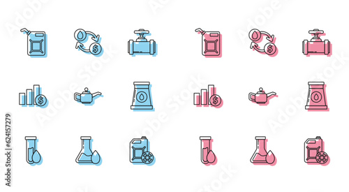 Set line Oil petrol test tube, Antifreeze canister, motor machine oil, and industrial factory building, Pie chart infographic dollar and exchange, water transfer, convert icon. Vector