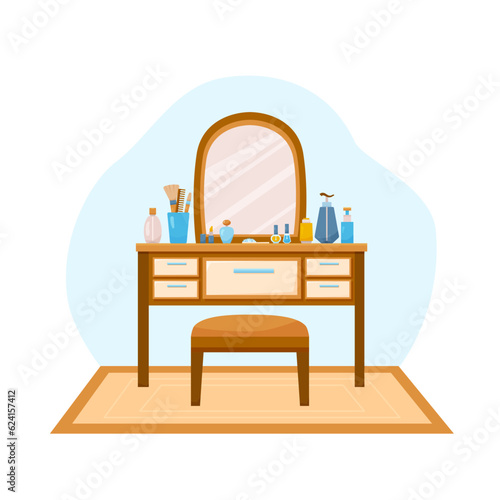 Flat dressing table design with cream and bottles. Interior items of woman dresser with mirror and stool in boudoir. Vector cartoon illustration with makeup accessories and cosmetic set with lipstick
