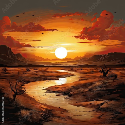 The sun sets over a distant desert plain. (Generative AI)