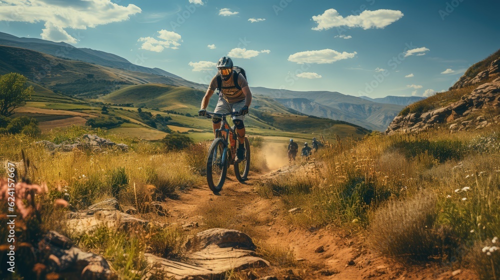 Bike bicycle person on beautiful green landscape, Nature outdoor adventure vacation. Bike bicycle person on beautiful green landscape, Nature outdoor adventure vacation.