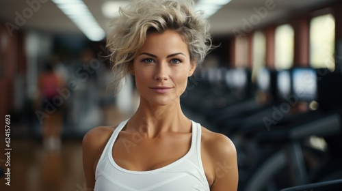 Portrait of healthy mature woman at gym, Aging Gracefully, Concept of healthy lifestyle.
