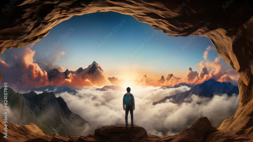 Adventurous man hiker standing in a cave on top of a rocky mountain, Extreme Adventure Composite, Adventure, Explore, Hike.