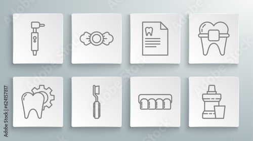 Set line Tooth treatment procedure, Candy, Toothbrush, Dentures model, Mouthwash plastic bottle, Clipboard with dental card, Teeth braces and drill icon. Vector