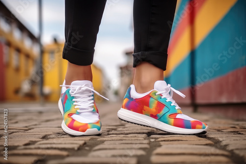 A person is walking on road wearing colorful shoes  Rainbow colorful running shoes.