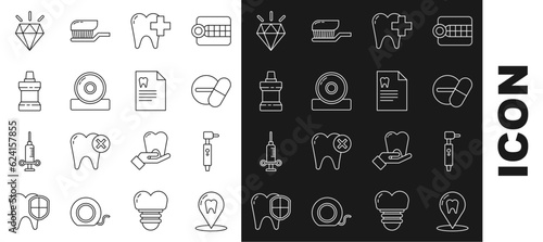 Set line Dental clinic location, Medicine pill or tablet, for dental care tooth, Otolaryngological head reflector, Mouthwash plastic bottle, Diamond teeth and Clipboard with card icon. Vector