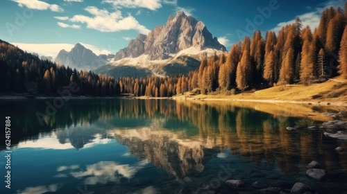 Lake mountain landscape, Lago di antorno lake and Tre cime di lavaredo mountain reflection in autumn, Forest landscape. © visoot