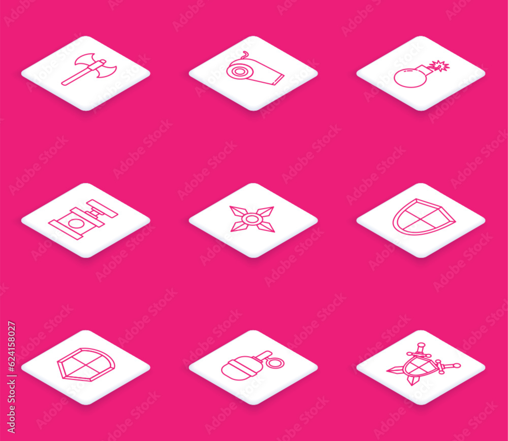 Set line Medieval axe, Cannon, Bomb ready to explode, Handle detonator for dynamite, Japanese ninja shuriken, Shield, and grenade icon. Vector Set line Medieval axe, Cannon, Bomb ready to explode, Handle detonator for dynamite, Japanese ninja shuriken, Shield, and grenade icon. Vector