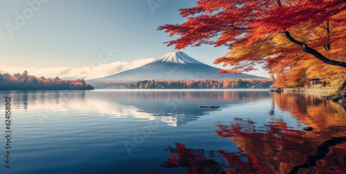 Fuji and Kawaguchiko lake with morning fog in autumn, Lak Kawaguchiko is one of the best places in Japan.